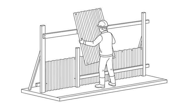 Construction worker installing corrugated metal fence panel line art illustration