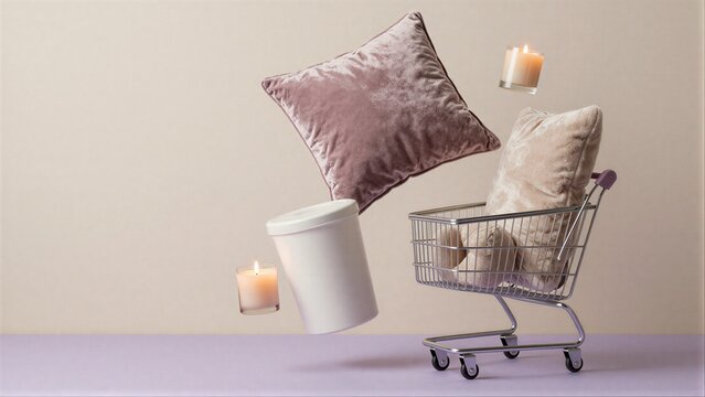Floating home decor items drift around a shopping cart on minimalist surface.