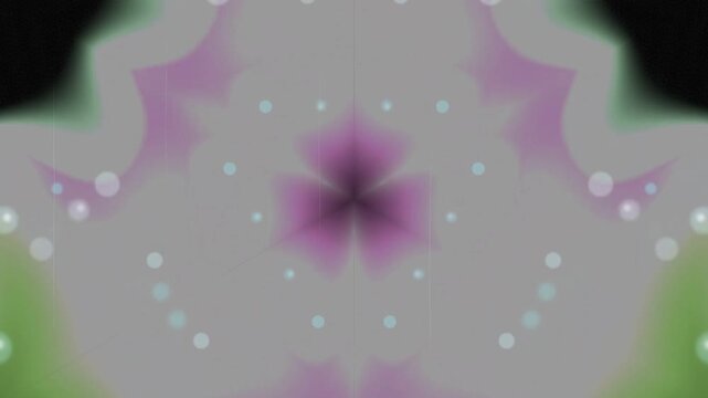 Purple fractal symmetrical pattern with blurry lights and soft colors in green, white, and dark circles. Ideal for abstract backgrounds and designs.