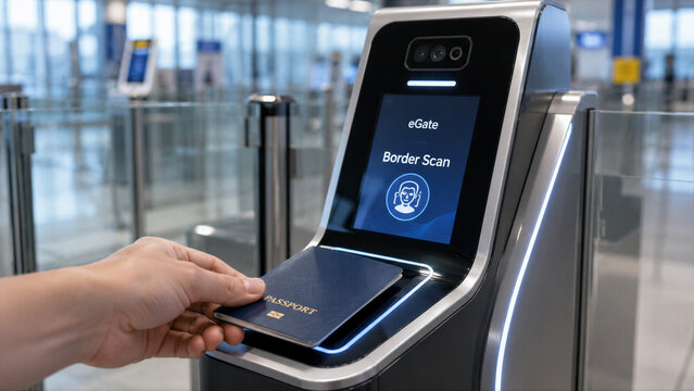 Traveler using an eGate for border control in a busy airport during daytime with clear skies visible through the windows