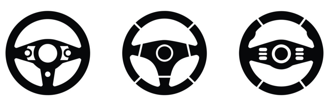 Steering wheel icon set featuring car driving controls, racing game symbols, automotive transport, vehicle navigation, and outline interface graphics, vector, designs