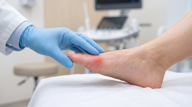 Rheumatologist examining a swollen red big toe during clinical assessment for gout, podagra and inflammatory joint pain in a medical clinic.