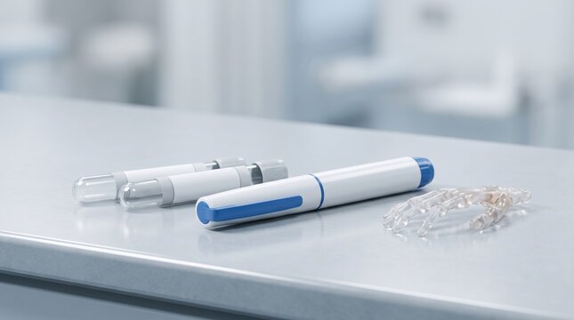 Biologic autoinjector pens with blood test tubes and a transparent hand joint model for rheumatoid arthritis treatment monitoring.