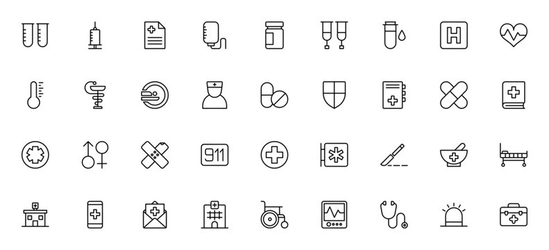 Medical icon pack. Healthcare thin line icons. Minimalist set. Featuring test tubes, injection, pill, crutches, blood, hospital, doctor, shield, emergency, cross, stethoscope, and more.