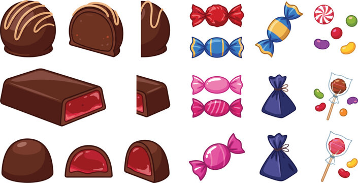 Chocolate pralines and colorful sweet candy cartoon vector asset collection