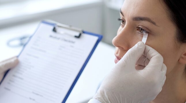 Clinician placing a Schirmer tear test strip under a patient's lower eyelid to assess dry eye symptoms and possible Sjogren syndrome.