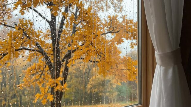 Rainy autumn day through window with orange fall leaves