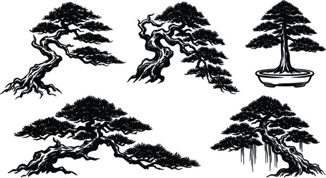 Collection of black ink Japanese bonsai tree silhouette vectors
