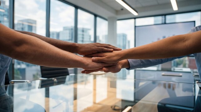 Diverse team hands stacked together in office meeting room, unity and collaboration concept, business partnership, teamwork spirit, corporate group support