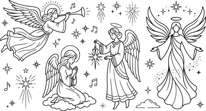 Christmas angel vector doodle set featuring praying cherub blowing trumpet starry night holy holiday line art illustrations.