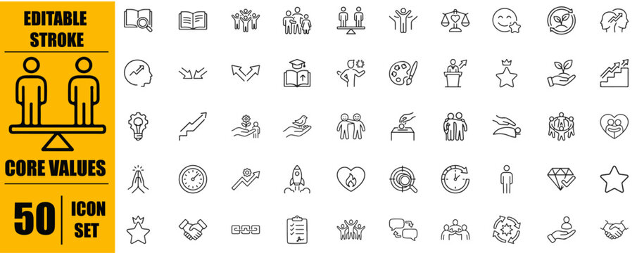 Core Values Icon Set, Core Value Editable Stroke Black Outline Vector Collection for Business and Corporate
