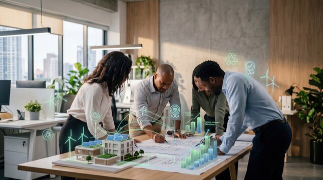Diverse team of architects and engineers collaborating on sustainable building model with holographic green energy data in modern office