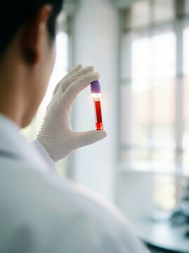 Blood sample held in test tube by scientist in gloves within bright laboratory for medical analysis and health diagnostics.