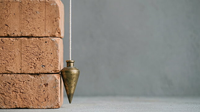 Plumb bob checking vertical alignment of bricks on construction site, concept of precision and building accuracy.