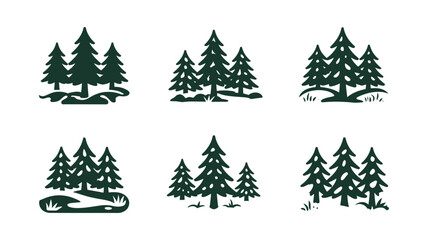 Obraz premium Set of minimalist pine tree vector icons for nature and forest concepts with evergreen woodland minimalist landscape