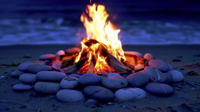 Evening beach campfire with warm orange flames dancing atop grey stones