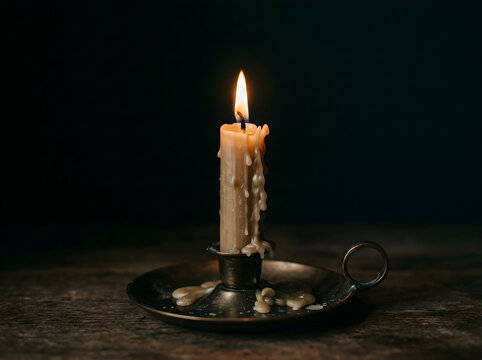 A single lit candle burning in an old metal candle holder on a dark wooden table with warm glowing flame and melting wax