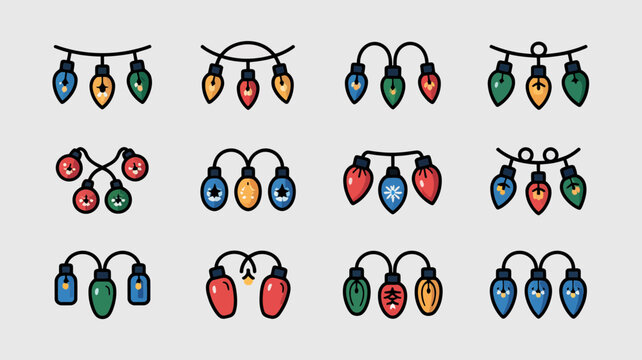 Collection of colorful christmas light bulb string icons for holiday decoration with christmas decoration celebration