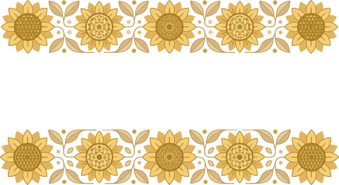 Golden sunflower horizontal folk borders with stylized floral pattern and geometric autumn details
