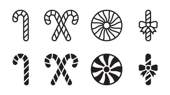 Collection of christmas candy and striped cane icons with festive bow embellishments christmas peppermint seasonal