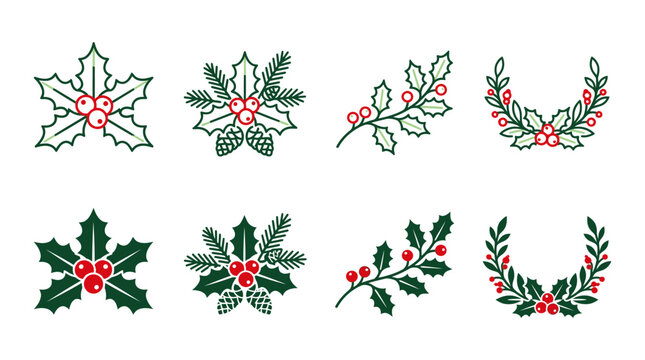 Christmas holly berry and pine branch icon set with decorative holiday botanical elements christmas botanical