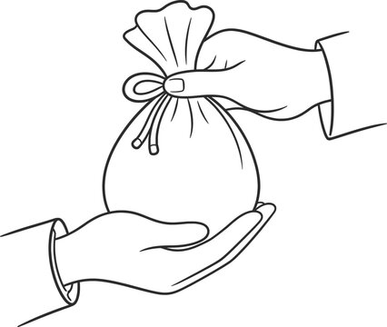Hands Exchanging Gift Bag Line Art Vector Illustration Giving Donation Concept.