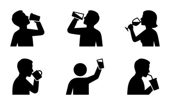 Silhouette Icons: People Drinking Beverages, Refreshment, Hydration, Lifestyle Set