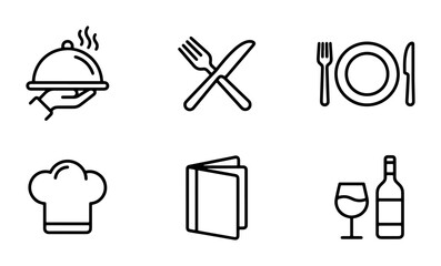 Fototapeta premium Restaurant Icons Set: Food Service, Dining, Chef, Menu, Wine Vector Graphics