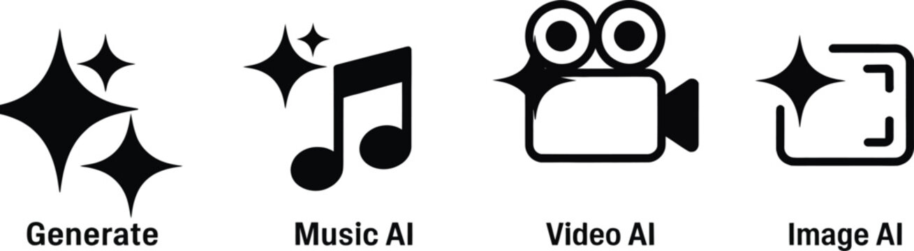 Minimal AI feature icons set with generate music video and image creation tools for modern digital interface and application design