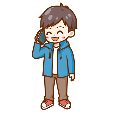 笑顔で電話をする若い男性のイラスト｜スマートフォンで楽しく通話するデフォルメ人物素材