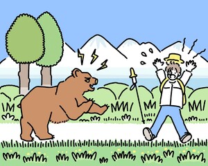 山の道で熊と遭遇して驚いている男性のカラーイラスト