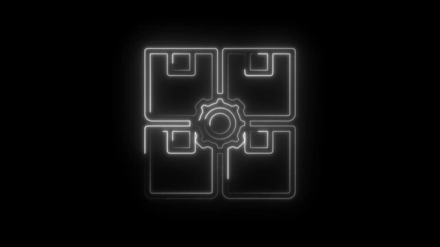 Abstract neon glowing gear mechanism integrated with interconnected square modules on a dark... icon