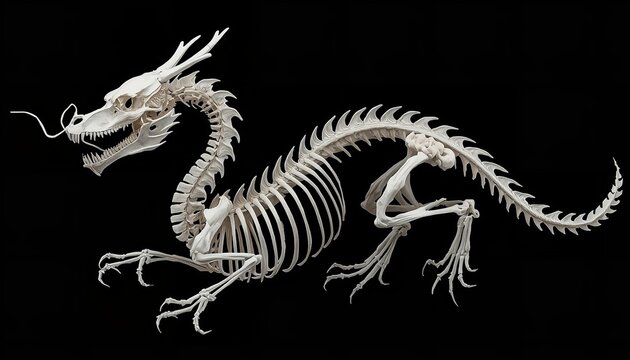 Detailed skeletal structure of a mythical dragon against a black background
