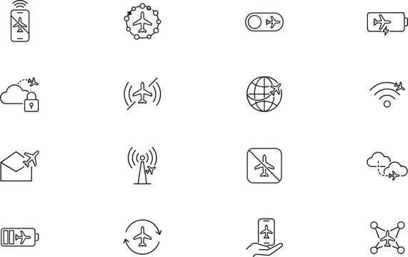 PrintAirplane Mode and Flight Settings Line Icon Set Featuring Mobile Interface Connection Wireless Signal and Travel Symbols for Smartphone Apps and Tech Interfaces