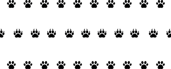 PrintAnimal Paw Print Seamless Border Silhouette Set Featuring Domestic Pet and Wild Beast Claws Track Pattern Vector Graphic Elements for Fabric Design © Sharmin