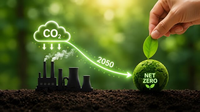 Industrial transition to net zero carbon emissions by 2050 with a hand placing a green leaf on a sustainable earth globe