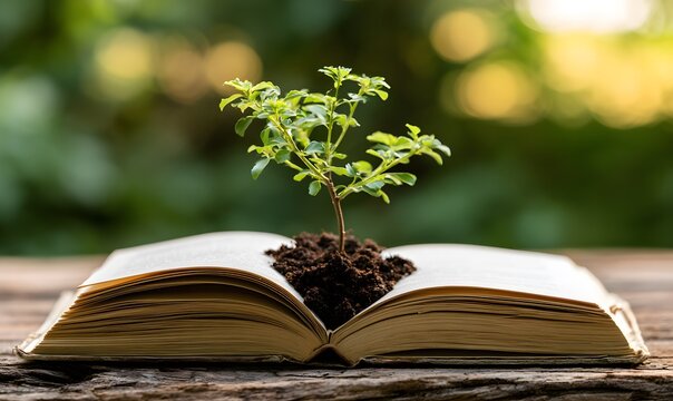Primer plano de un libro del que brotan brotes verdes bajo el sol de la ma&ntilde;ana: El conocimiento es poder, material para clases de estudio b&iacute;blico