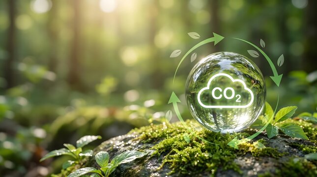 Natural carbon cycle and forest ecosystem balance with a glass sphere containing CO2 on mossy rocks