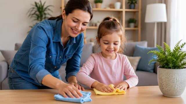 Mother and daughter cleaning tabletop together at home in daylight  