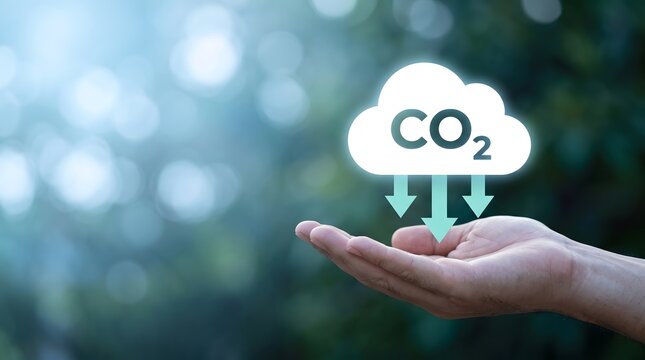 Clean technology and carbon footprint reduction concept with a hand holding a glowing CO2 cloud graphic