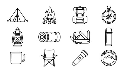 Camping gear and outdoor adventure vector icon set with simple bold line art classic complete tent campfire backpack compass lantern pocket knife and hiking travel clip art black and white © GULSHAN