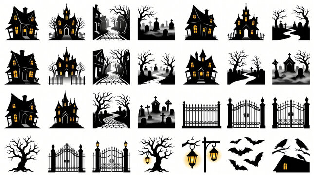 Halloween silhouette icon bundle vector creepy collection of haunted houses spooky cemetery graveyards tombstones dead trees black bats iron gates crows and glowing lanterns on white background