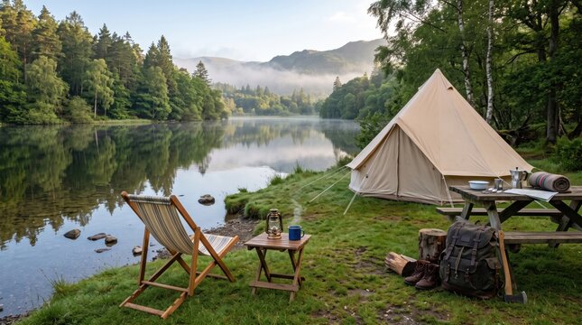 Serene Lakeside Camp: A picturesque campsite set by a tranquil lake, featuring a bell tent, a picnic table, and a lounge chair, surrounded by lush forest and misty mountains.