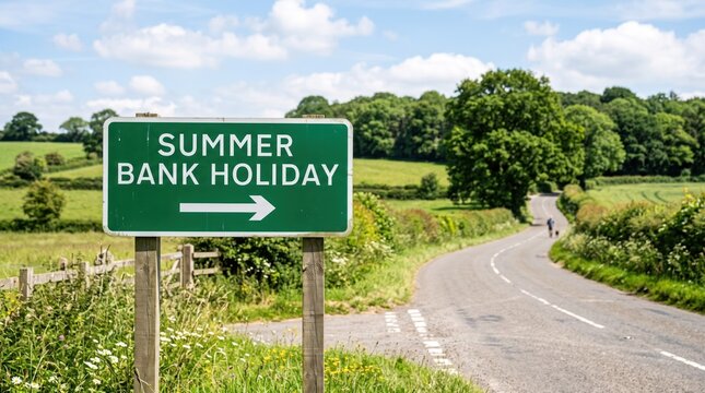 Summer Bank Holiday Road Sign: A green directional sign indicates the way to a Summer Bank Holiday, set against a picturesque countryside backdrop with rolling hills and a winding road.