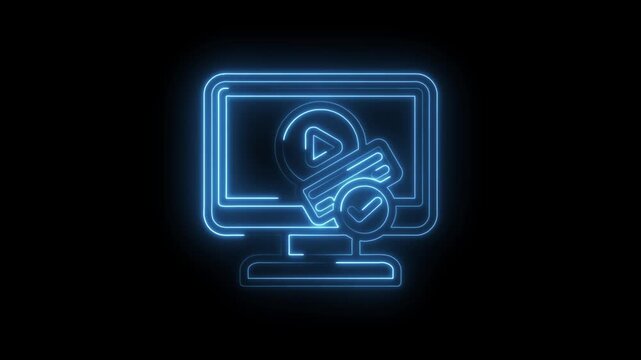 Neon blue glowing computer monitor displaying play button and checkmark icon on black background