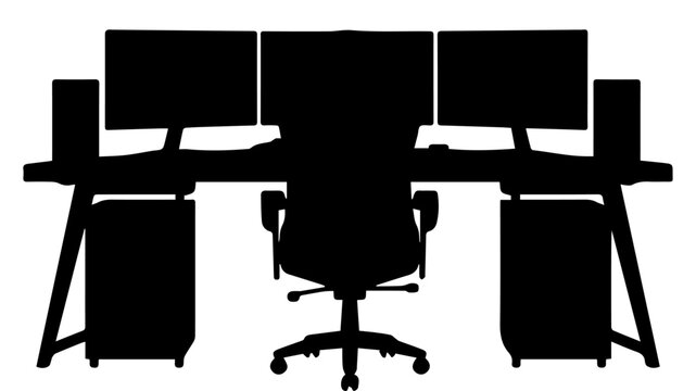 Silhouette of Triple Monitor Computer Workstation with Office Chair and Dual PC Towers