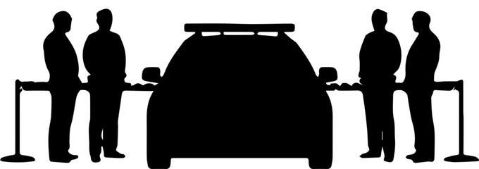 Silhouette of Police Officers and Patrol Car at Checkpoint Barrier © Rezowan 