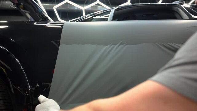 Close up shoot of a put in vinyl wrap on a car body in a workshop. detailing process with film installation, smooth matte finish and precision work
