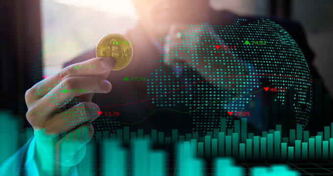 Modern way of exchange. Bitcoin is convenient payment in global economy market. Virtual digital currency and financial investment trade concept. Abstract cryptocurrency with gold bitcoin background.