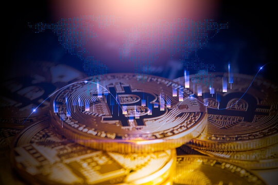 Modern way of exchange. Bitcoin is convenient payment in global economy market. Virtual digital currency and financial investment trade concept. Abstract cryptocurrency with gold bitcoin background.